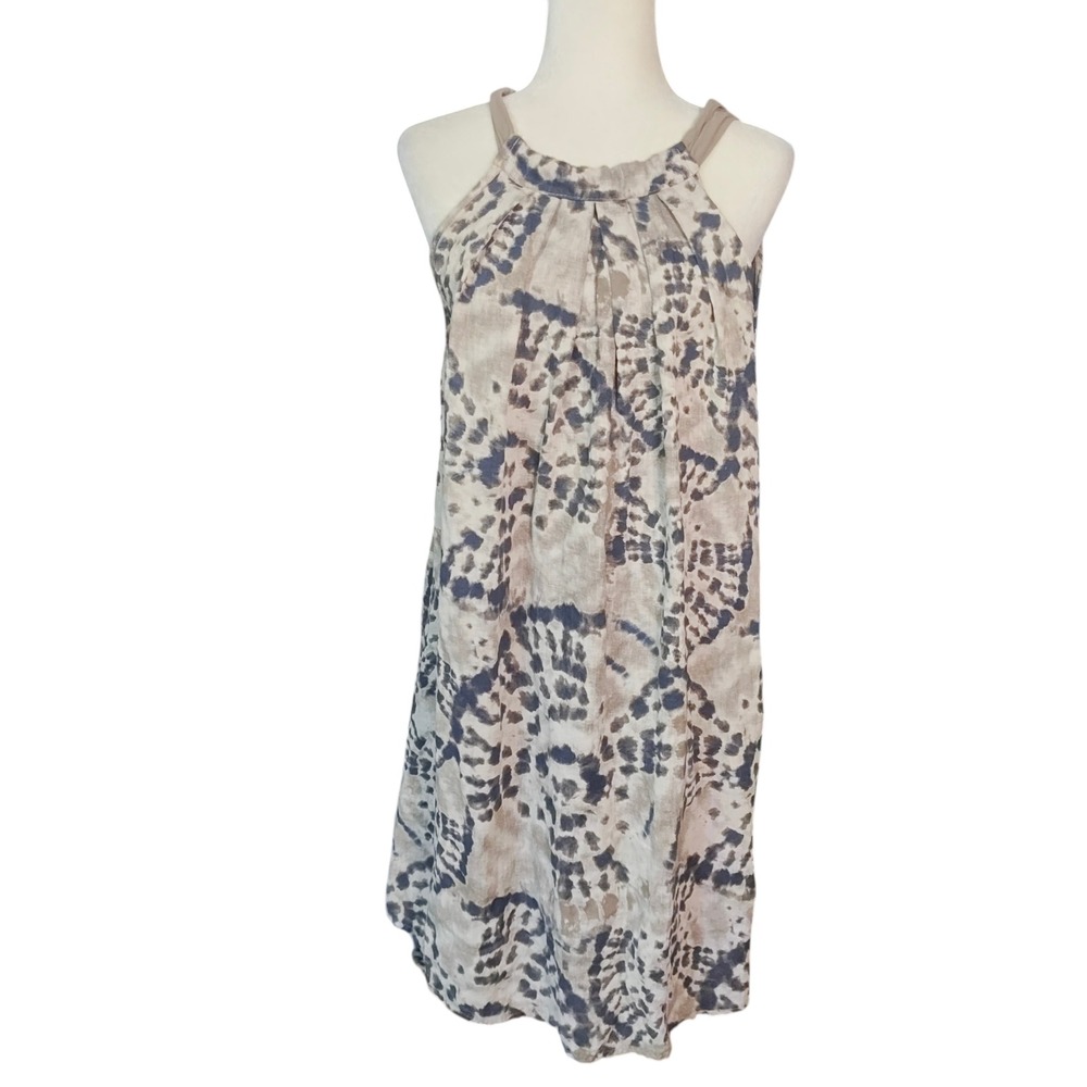 Bellambra Made in Italy Linen Halter Shift Dress Small Tan Blue‎ Tie Dye Boho